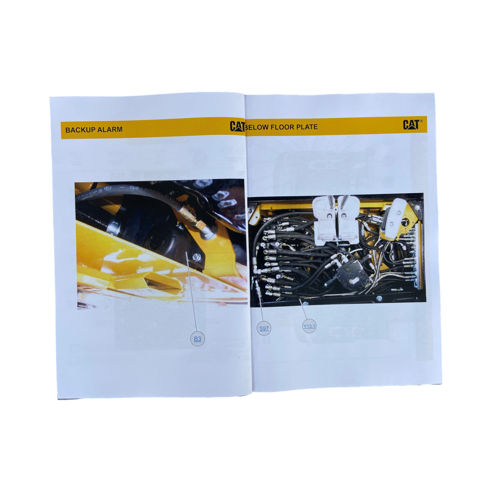 Caterpillar 390D Excavator Electrical AccuGrade GEN2 schematic service manual with yellow back cover and detailed engine compartment diagram.