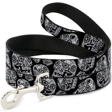 Dog Leash The Dust of Living II Sugar Skulls Black/White WIDE 1.5"