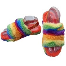 UGG Kids Fluff Yeah Rainbow Slide Sandals Multi Color Faux Fur Girls size 4