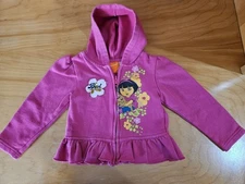 Y2K Nick Jr Dora the Explorer 18 Mo Pink, Ruffled, Front Zip Hooded Sweatshirt.