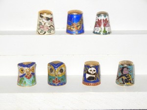 Vintage Lot of 7 Cloisonne Enameled Thimbles 1980's and 1990's Owls Animals