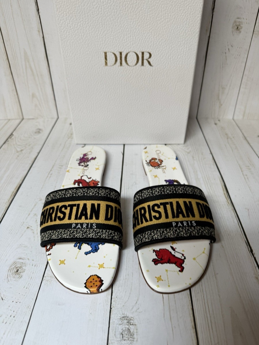 Christian Dior Canvas Embroidered Zodiac Slide Sandals White Christian Dior Canvas Embroidered Zodiac Slide Sandals White