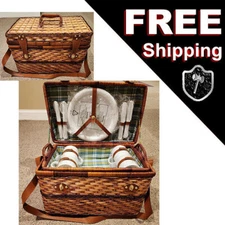 Vintage Wicker Picnic Basket Case Plad Lining with Utensils, Plates, Cups, etc.