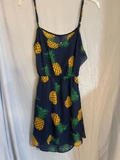 Ocean Drive Sheath Dress Sz Small Blue Yellow Pineapple Sleeveless Spaghetti Str