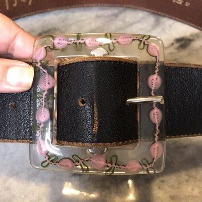 Vintage Betsey Johnson Belt Brown Leather Floral Plastic  display picture 1
