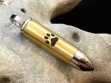 Mens Golden Bullet Pet Cremation Urn Pendant LARGE VIAL Holds Ashes Dog Cat Paw