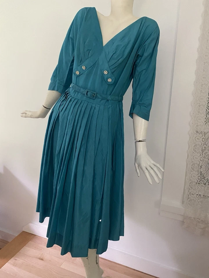 Vintage 40s 50s New Look Style Blue Satin Dress Distressed Rockabilly Femme Belt - Image 3 of 4