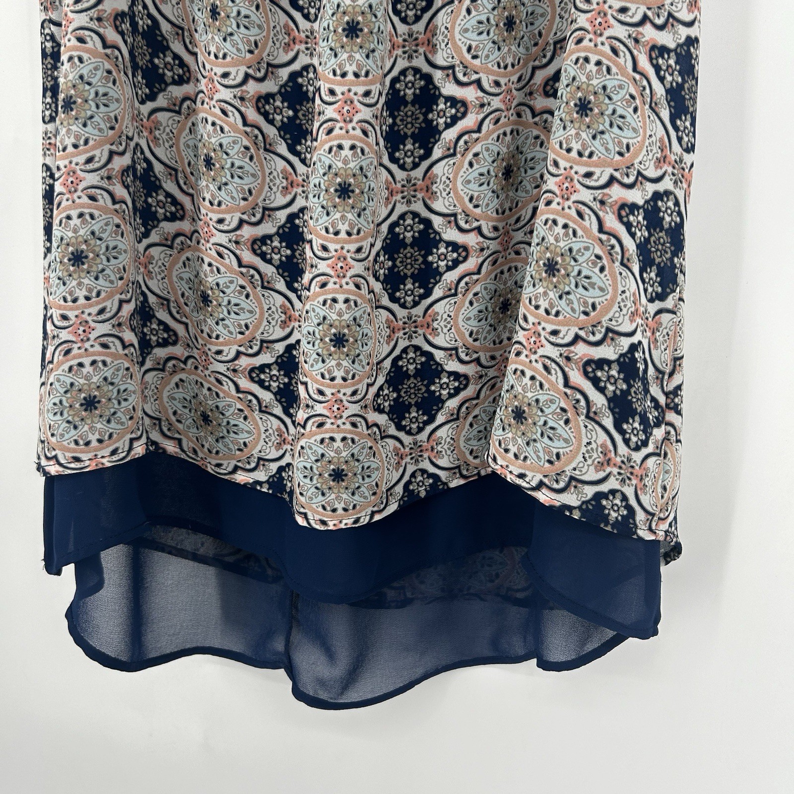 DR2 Daniel Rainn Boho Tank Top Blue Chiffon Layered Mixed Pattern Flowy Size M