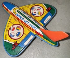 Vintage Tin Litho Toy Airplane: World Jet Lines JX-38 No.203 Hong Kong Friction