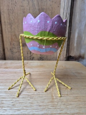 Paper Mache Spring Easter Cracked Egg Candy Dish With Wire Chicken Legs