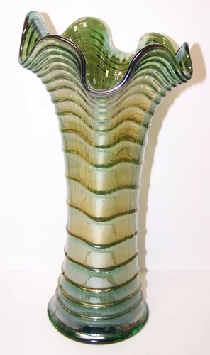Vintage Imperial Glass Ripple Swung Vase Carnival Art Glass Green  9 3/4" Tall