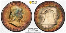 MS65FBL 1951-S 50C Franklin Silver Half Dollar, PCGS Trueview- Rainbow Toned