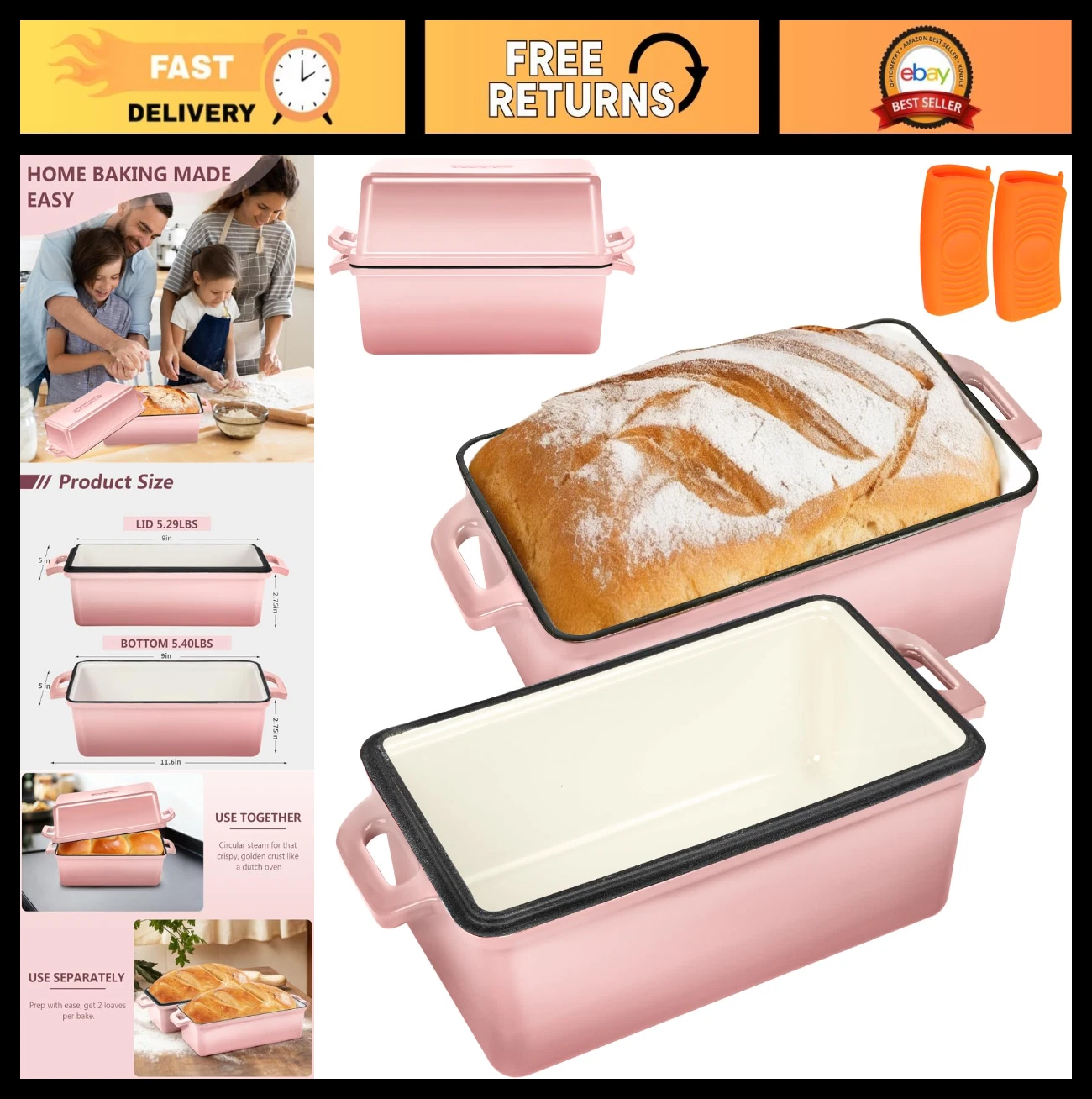 Enameled Cast Iron Bread Loaf Pan with Lid, 9x5 Sourdough Baking Set, Pink