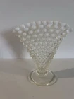 Vtg Fenton Moonstone Opalescent/Clear Glass Hobnail Fan Vase 6"