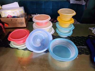 Tupperware Mini Max Mega Set 20 Teile Faltbar Plus Sieb Blau Corall Gelb Orange