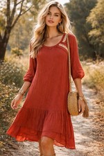 Bohemian Midi Shift Dress Womens L Burnt Orange Pullover Travel Casual Peasant