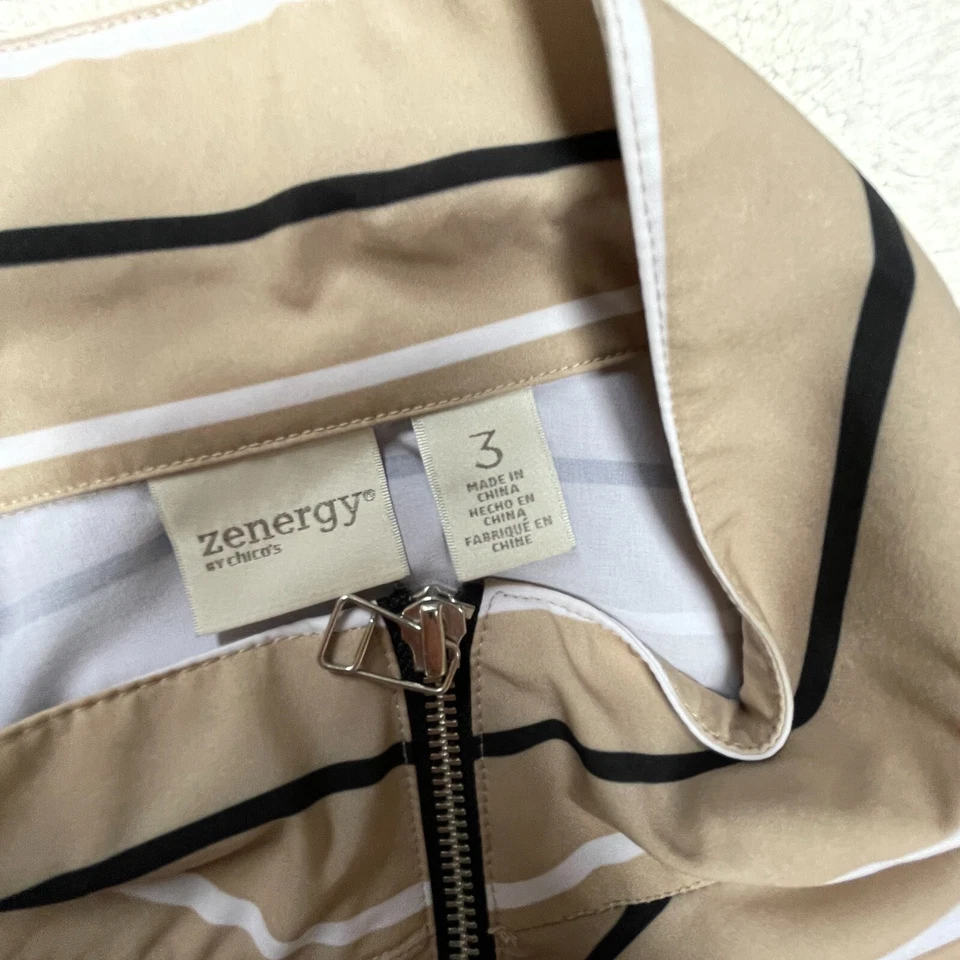 Chaqueta Zenergy By Chico's para mujer 3 cremallera completa cuello embudo manga larga rayas tostado Foto 3 de 4