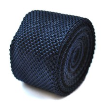 Frederick Thomas Knitted Silk Mens Tie - Dark Navy Blue - Plain Skinny Wedding