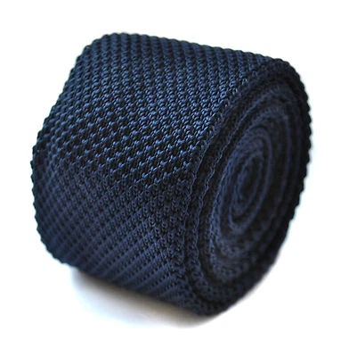 Frederick Thomas Knitted Silk Mens Tie - Dark Navy Blue - Plain Skinny Wedding