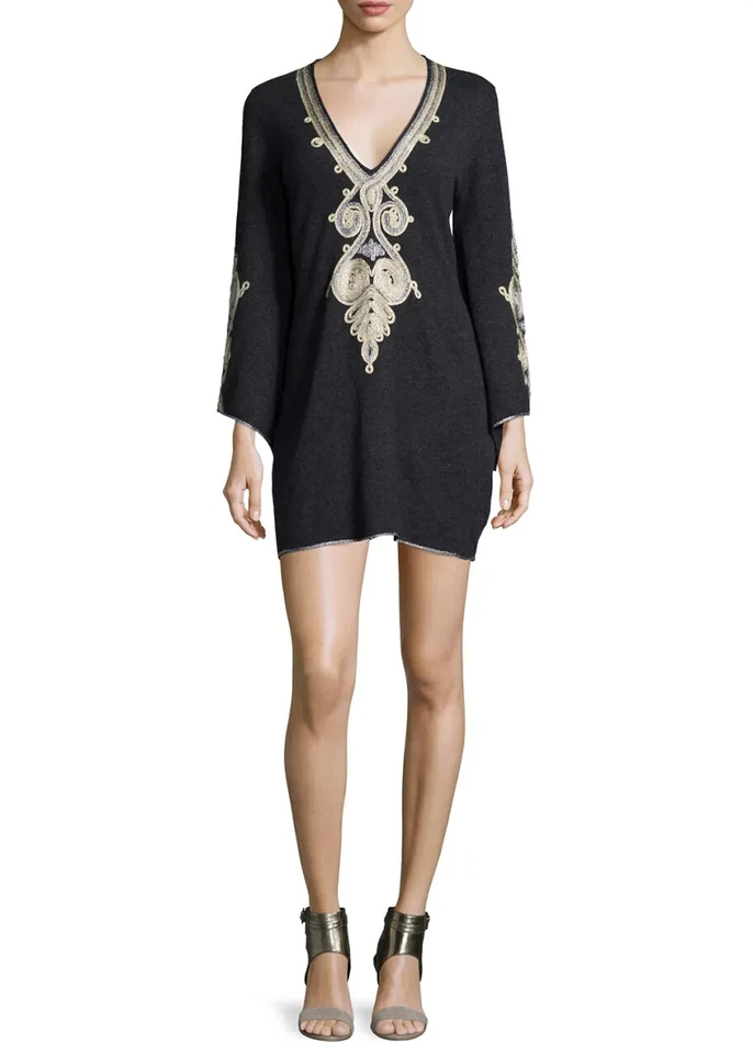 CALYPSO ST. BARTH Gray Metallic Ribbon Embroidered Cashmere Bell Sleeve Dress XS - Image 2 of 4