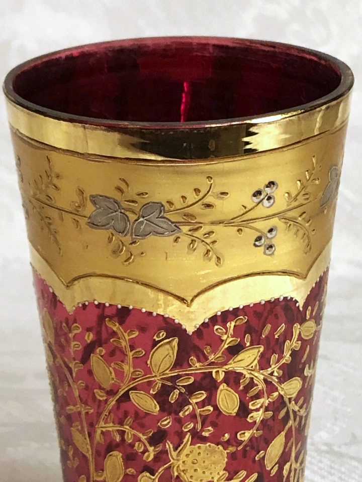ANTIQUE MOSER RUBY GLASS GOLD AND PLATINUM BOHEMIAN BEAKER TUMBLER - Image 4 of 4