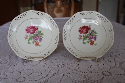 Germany US Zone Vintage Porcelain Set Of 2 Floral Reticulated Decorative Plates