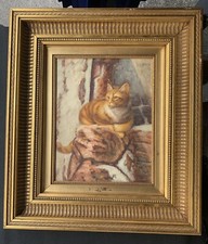 Tableau Huile sur Toile Portrait de Chat Roux Paysage vers 1960-1970
