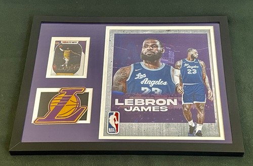 L.A. LAKERS LEBRON JAMES MATTED & FRAMED PICTURE w/ LAKERS LOGO & NBA HOOPS CARD - Picture 1 of 5