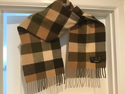 Barbour 100% Lambswool 10 x 76  Green Camel Brown Fringed Scarf
