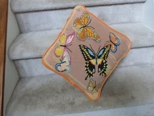 ~VTG Retro 1980 Needlepoint PILLOW Butterflies Orange Velvet Diamond Shape 19"