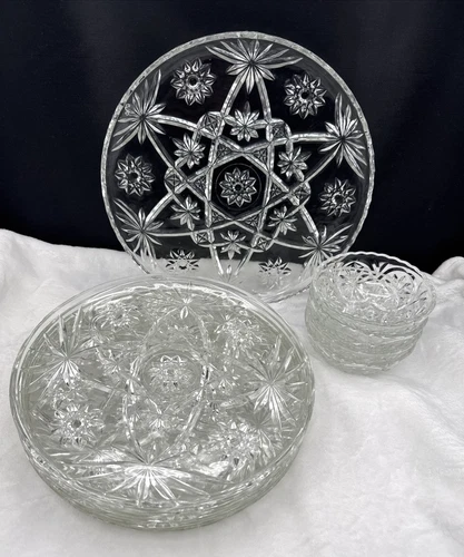Vintage Anchor Hocking Star of David Snack Set 10 Pc– 5 Plates, 4 Bowls, Platter