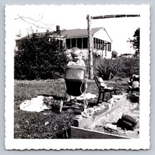 Baby Toddler 1950s Snapshot Photograph Backyard Sandbox Americana