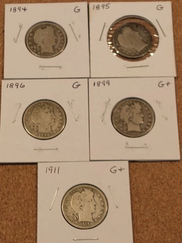 Five (5) P-Mint Silver Barber Quarters G/G+ Condition, 94, 95,96,99, 11