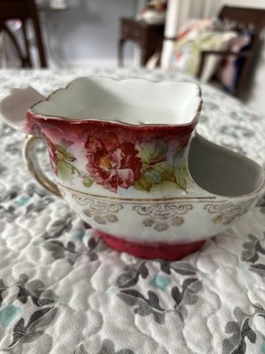 Vintage Shaving Scuttle Mug With Brush Holder Deep Pink Flowers & Gold Trim