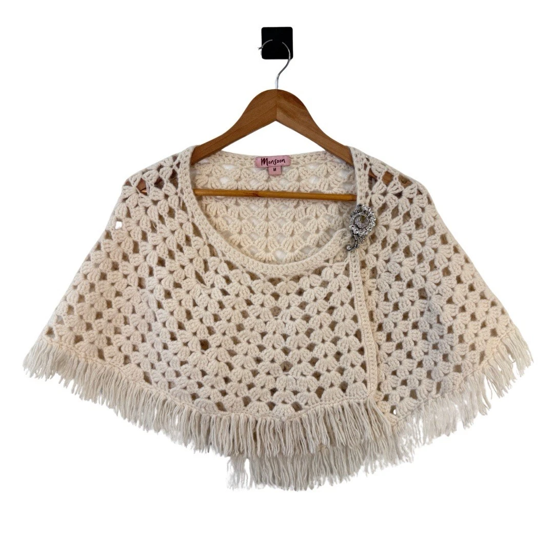 Vintage Monsoon Poncho Cape Size M Fringed Brooch Wool Angora Boho Festival Y2K