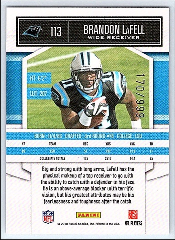 2010 Panini Classics  Brandon LaFell 113 170/999 - Image 2 of 2