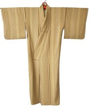 Silk Kimono with Stripe Pattern Light Ochre Silk Used Good Condition