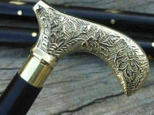 Antique Victorian Wooden Walking Stick   Brass Derby Flower Handle, Vintage Cane