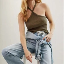 ANTHROPOLOGIE T.La MOSS GREEN SLEEVELESS RIBBED HALTER TANK