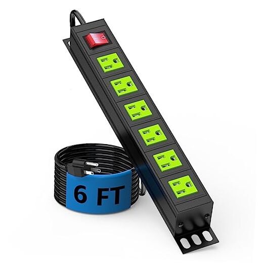6 Outlet Power Strip, Metal Mountable Power Strip Surge Protector, Green 6FT
