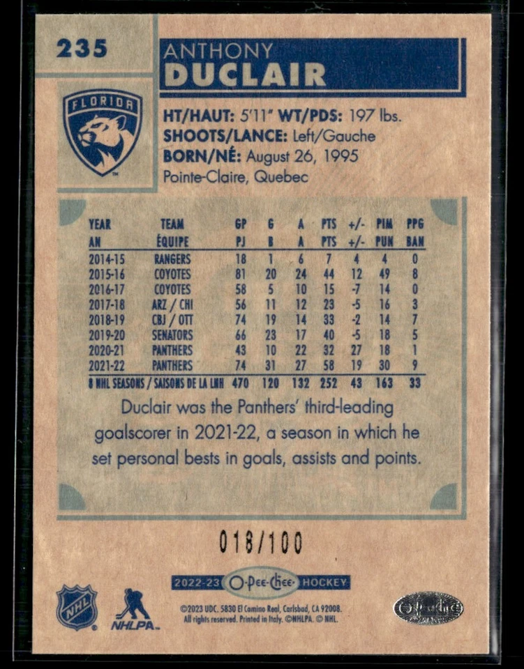 2022-23 O-Pee-Chee Retro Black Border Anthony Duclair 018/100 #235 H8R1H - Image 2 of 2