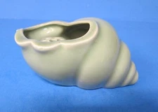 small vintage MCM pottery sea shell shaped vase w/ attached flower frog rj