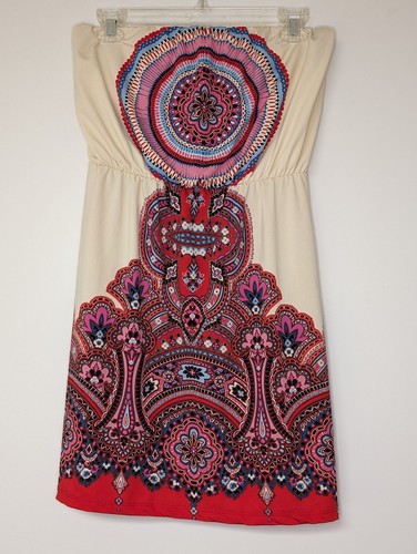 Vestido Charlotte Russe Sin Tirantes Sin Mangas M Patrón Crema y Rojo ¡Hermoso!