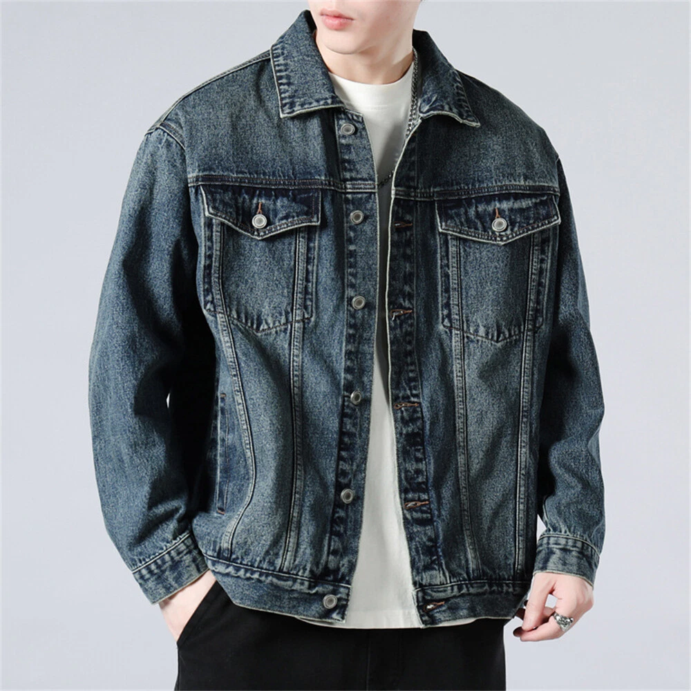 Mens Denim Jacket Jean Coat Slim Fit Casual Clothing Long Sleeve Buttons
