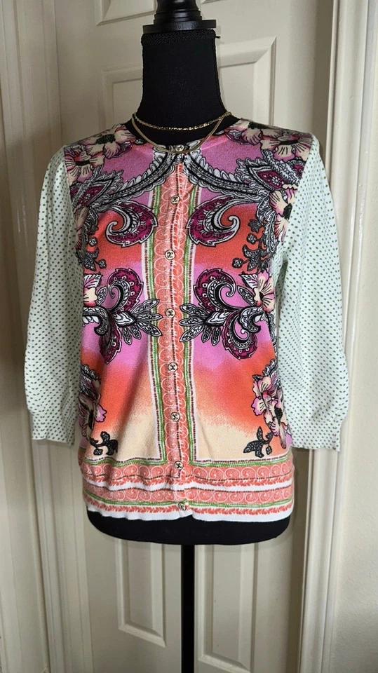 Cardigã Joseph A anos 80 rosa paisley abstrato bolinhas botão para cima tamanho pequeno - Imagem 2 de 4