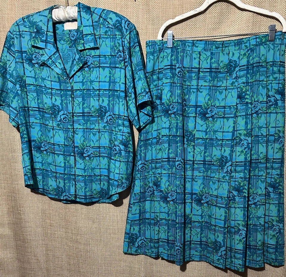 Vintage Pendleton Floral Top & Skirt 2pc Set Teal Camp Shirt + Midi Size 18 - Image 4 of 4