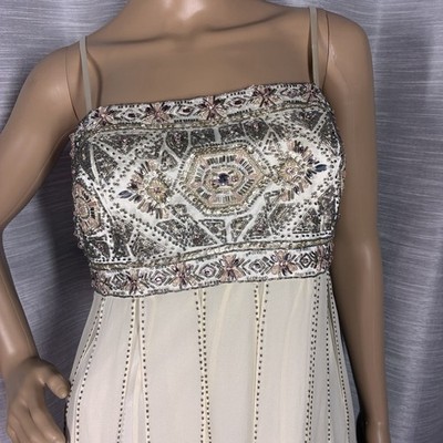 NWT Sue Wong Silk Beaded Cocktail Dress Size 8 Ivory Gold Art Deco Gatsby Y2K