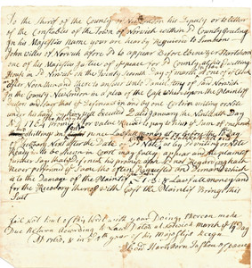 1765 NORWICH CONNECTICUT COURT SUMMONS BY JUSTICE OF PEACE EBENEZER HARTSHORN