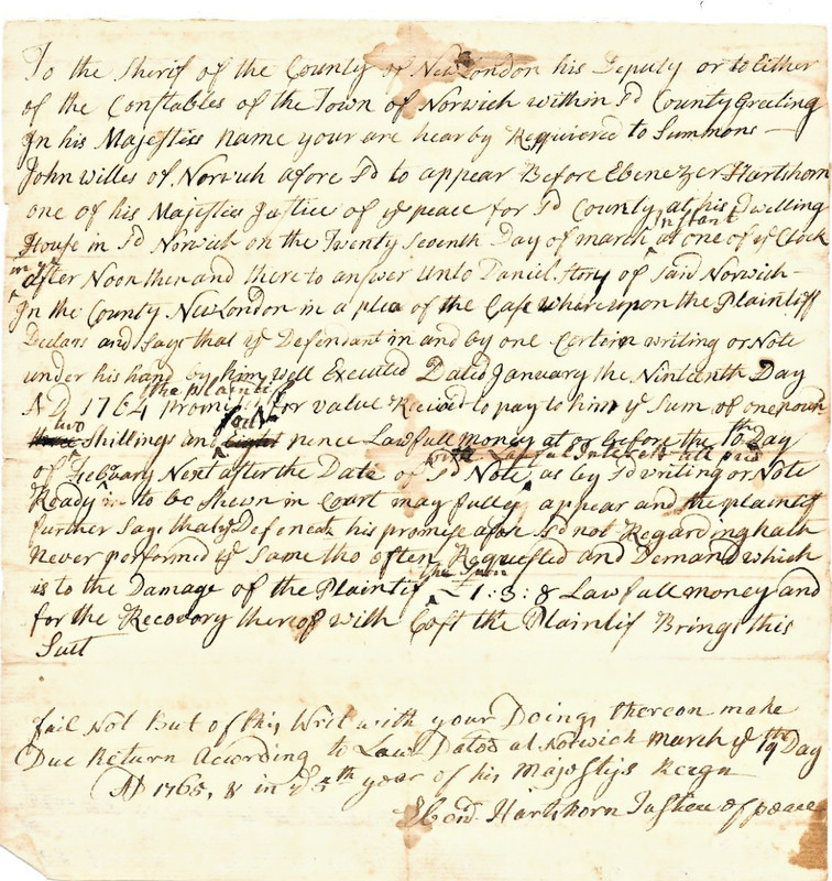 1765 NORWICH CONNECTICUT COURT SUMMONS BY JUSTICE OF PEACE EBENEZER HARTSHORN