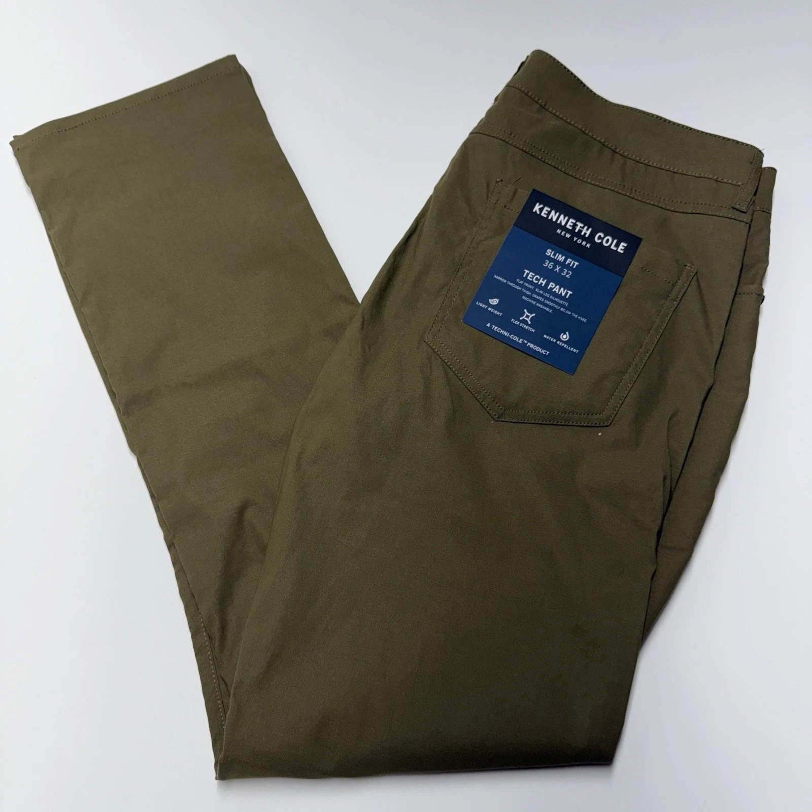 Kenneth Cole Tech Pants Mens 4way Stretch Slim Fit Dark Olive Green Sz 36x32